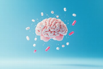 Aufkleber - 3D model of human brain surrounded by various colored pills floating in a blue background. Generative AI