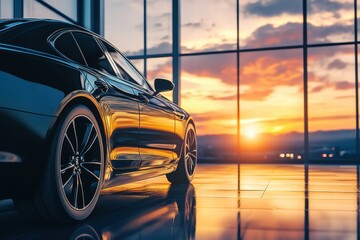 Poster - Sleek luxury car parked against a vibrant sunset in a modern indoor setting. Generative AI