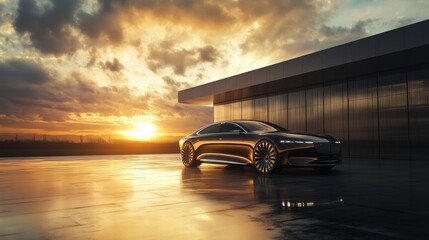 Aufkleber - Sleek luxury car parked outside a modern building during a stunning sunset sky. Generative AI