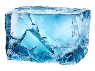 Blue transparent ice block featuring intricate cracks throughout its surface, showcasing a textured and frosty appearance. Isolated on transparent background, png.