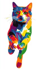 Wall Mural - A colorful, stylized illustration of a cat in mid-leap.
