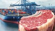 © PB Studio - double exposure of a fresh cut of beef steak layered with an industrial shipping port, symbolizing the global trade of meat products. [Export products]:[Meat]