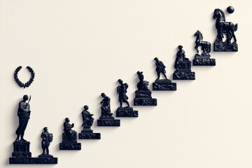 Poster - A flat design of a historical timeline represented by a straight line with simple icons, such as a laurel wreath, a quill, and a globe, marking key events