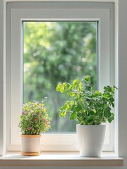 Leinwandbilder - Bright garden view through a window with thriving plants and a fresh green atmosphere. Generative AI