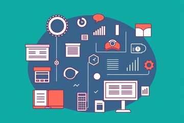Web Development and Design: A vibrant illustration showcasing the key elements of web development and design, from coding and UI/UX to analytics and marketing.  