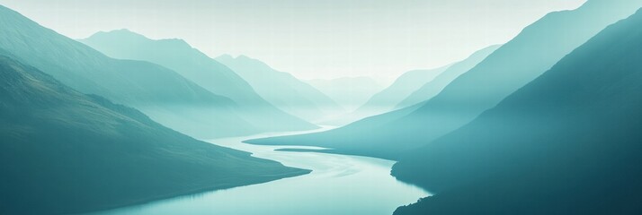 Aufkleber - Winding river flows through serene mountain range with ample space for text in minimalist design. Generative AI