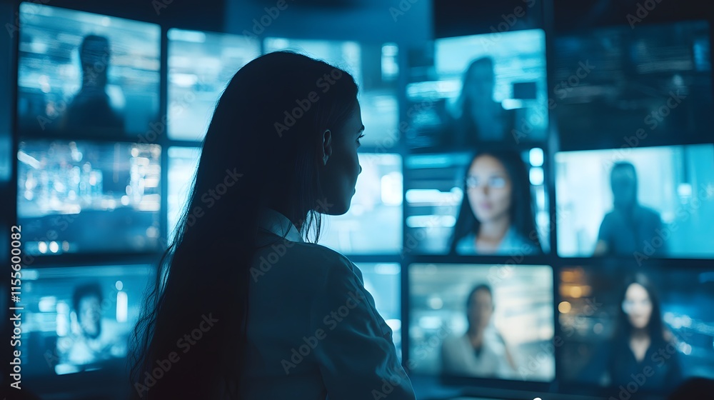 A woman focuses intently on multiple screens displaying data and images ...