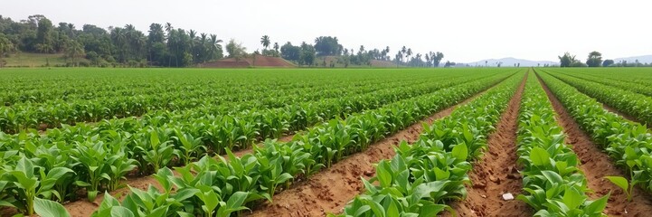 Wall Mural - Scenic view of a thriving organic farm with lush green fields and a variety of crops under a clear blue sky, organic farm, farming