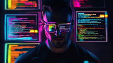 Male coder with futuristic glasses immersed in vibrant digital code.