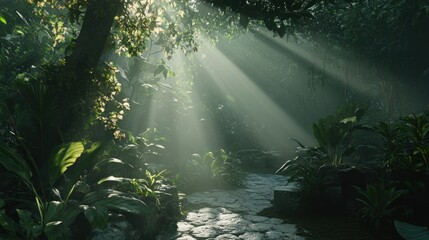 Sticker - Sunbeams illuminate a lush, green jungle path.