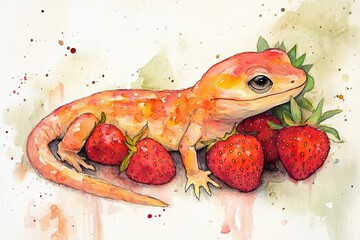 Sticker - Orange Salamander Resting Amidst Ripe Strawberries