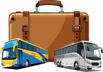 two buses and a suitcase representing travel and tourism