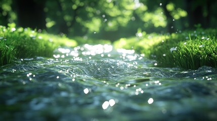 Wall Mural - Crystal clear stream flowing through lush green forest.