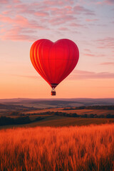 A bright red, heart-shaped hot air balloon floating over a green field on a clear evening day with a beautiful sunset