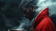 © AFFANYUDA - Dark-skinned man in red robe, profile view, holding a metallic bowl, surrounded by smoke.
