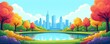 © shadowart - Minimal city park landscape with pond at day. Cityscape with towers or skyscrapers of modern city in background. Social infrastructure. Comfortable urban environment. Flat cartoon style. Copy space.