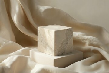 Aufkleber - Beige stone cube on pedestal with draped fabric.