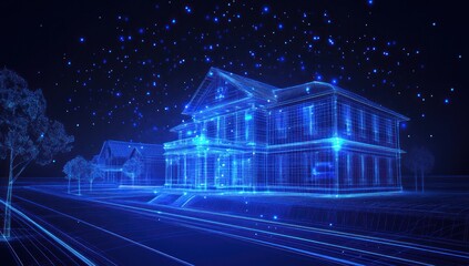 Poster - Futuristic smart home digital blueprint, glowing wireframe model on dark background.