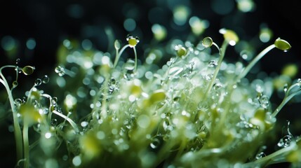 Poster - Close-up of vibrant green sprouts with water droplets, illuminated by soft light.
