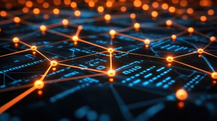 Poster - Abstract digital network connection with glowing nodes and lines on a dark background.