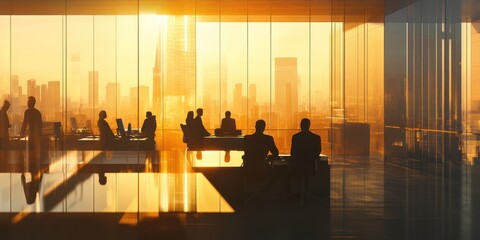 Aufkleber - Silhouetted businesspeople meeting in a modern office overlooking a cityscape at sunset.