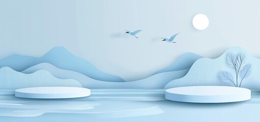 Serene blue landscape with two birds flying over calm water and two round podiums.