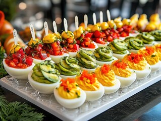 A colorful array of deviled eggs and fresh toppings on a serving platter.