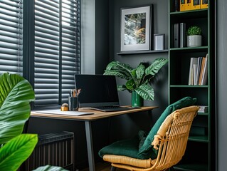 Aufkleber - Modern home office with dark walls, green accents, and plants.