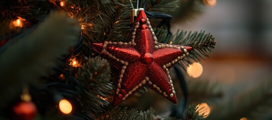 Poster - Red star ornament hanging on a Christmas tree with warm lights.