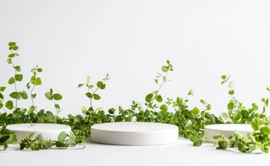 Aufkleber - Minimalist white podiums with green plants on white background.