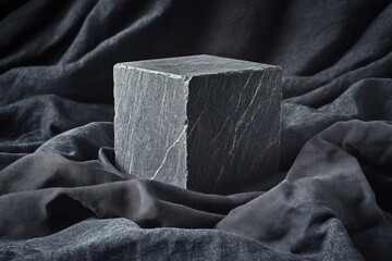 Aufkleber - Dark gray stone cube on dark fabric.