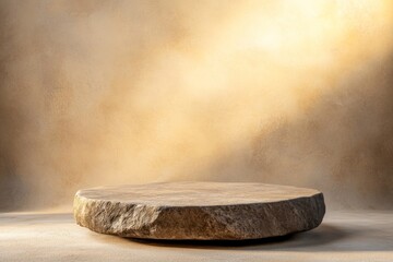 Fototapete - Rough stone display podium on beige background with soft lighting.
