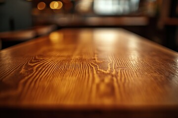 Wall Mural - Close-up of a polished wooden table in a cafe. (1)