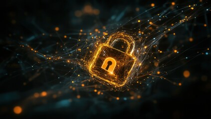 Poster - Glowing padlock icon surrounded by digital particles, representing cybersecurity and data protection.