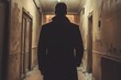 © olegganko - Mysterious figure in silhouette explores abandoned building corridor at dusk
