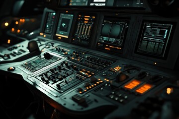 Poster - Futuristic aircraft cockpit control panel with illuminated buttons and monitors at night.