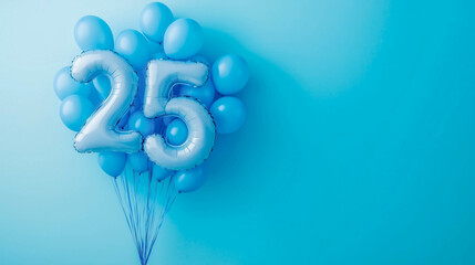 blue number 25 balloons with light blue balloons on a light blue background