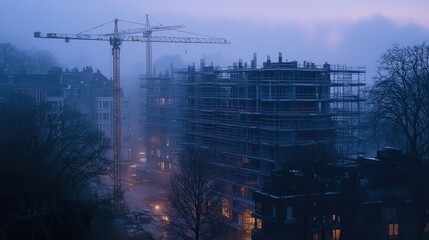 Poster - Misty dawn cityscape with construction crane and building under construction.