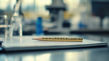 Poster - Gold pencil rests on a clipboard in a blurred laboratory setting.