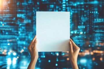 Hands holding blank paper against a digital background.