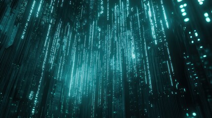 Fototapete - Abstract teal digital rain falling from above, futuristic technology background.