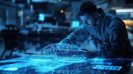 Aufkleber - Technician examining holographic aircraft design on digital table.