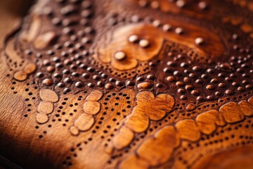 Aufkleber - Close-up of intricately carved wooden surface with detailed patterns and textures.