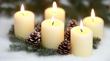 Poster - Five lit ivory candles arranged in a circle with pine cones and evergreen branches on a white surface.