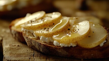 Poster - Toasted bread with creamy cheese, pear slices, honey, and pepper.