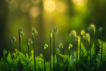 Poster - Young fern fronds unfurling in sunlight, forest bokeh background.