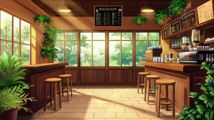 Poster - A cozy cafe interior with wooden furniture, soft natural lighting, and a view of lush greenery through large windows