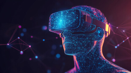 Hologram virtual reality programming. Virtual reality programming made of polygons, triangles, dots, and lines. Low-poly virtual reality programming structure of connections. Technology concept vector