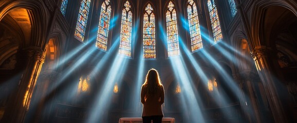 Wall Mural - A silhouette stands in a cathedral, illuminated by radiant stained glass light.