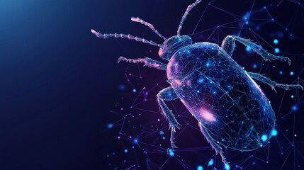 A hologram of a beetle. The bug consists of polygons, triangles of points and lines. Bugs are low-polygonal connection structure. Technology concept vector.
